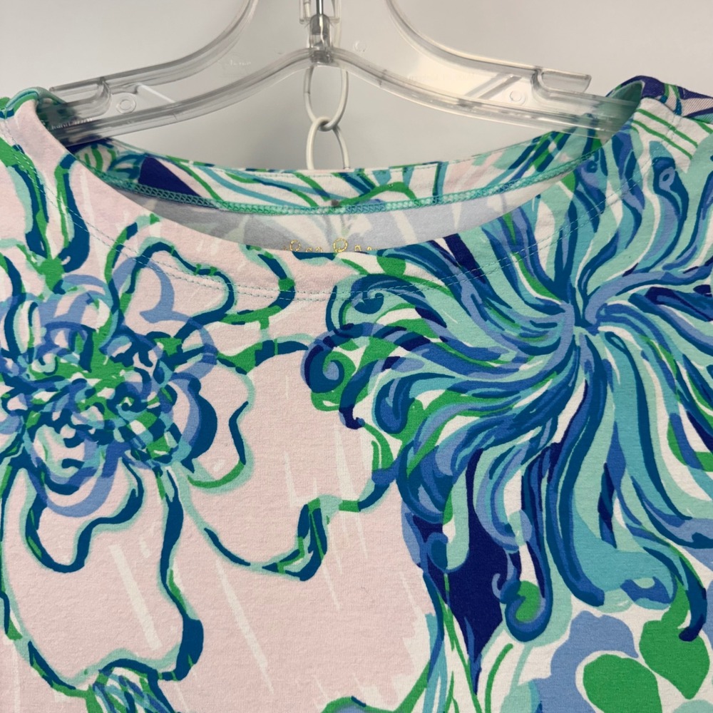 Lilly Pulitzer XL 12-14 Floral Ruffle Sleeve Shift Dress Blue Green Pink Jersey - Picture 9 of 12